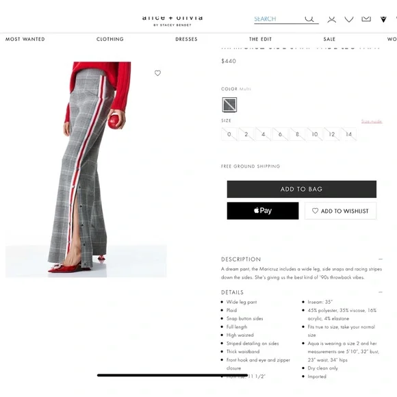 Alice + Olivia Maricruz Plaid Wide Leg Side Snap Pants - Picture 3 of 15